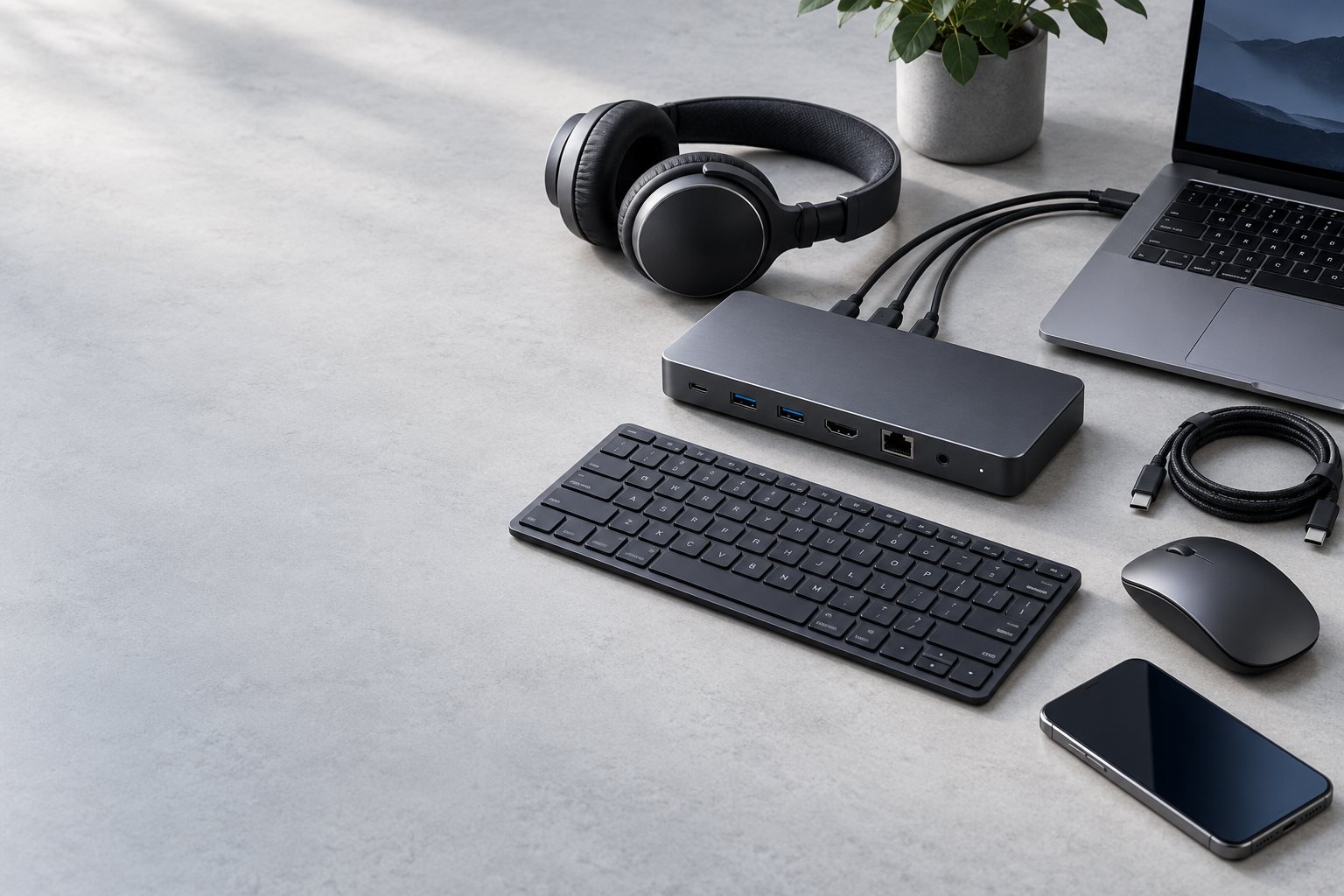A studio arrangement of a laptop, docking station, keyboard, mouse, headset and connection cables